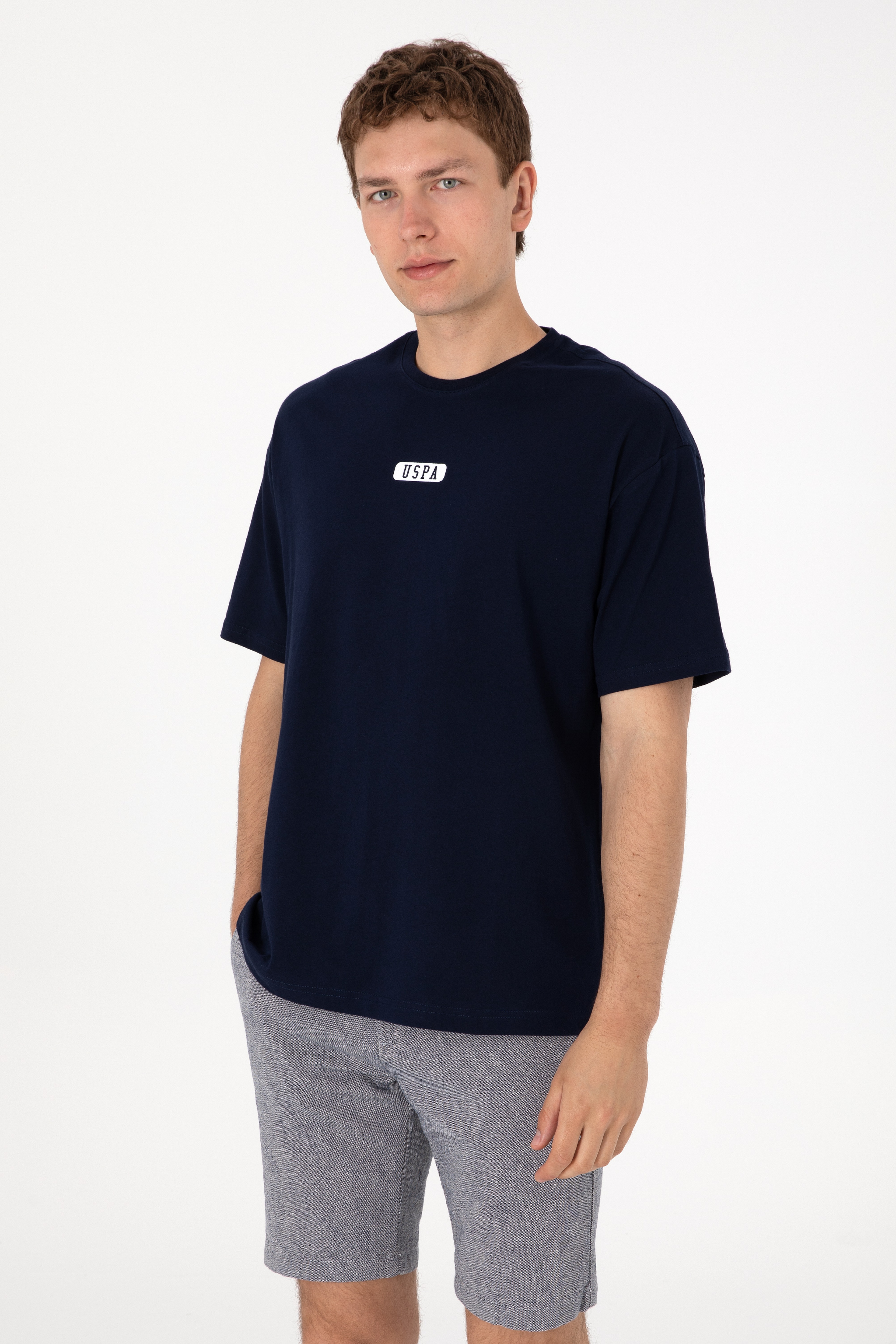Erkek Oversize Fit Bisiklet Yaka Lacivert Tişört - Image 5