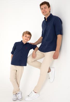 Erkek Lacivert Keten Görünümlü Basic Gömlek - 50306285014