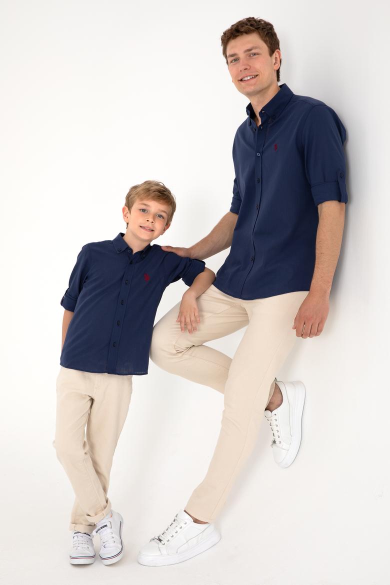 Erkek Lacivert Keten Görünümlü Basic Gömlek