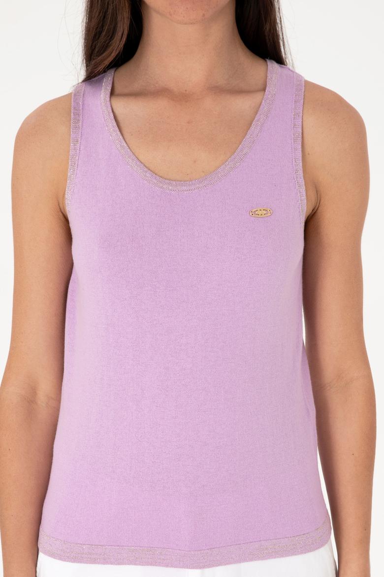 Kadın Lila Bisiklet Yaka Triko Tişört - 50306480005