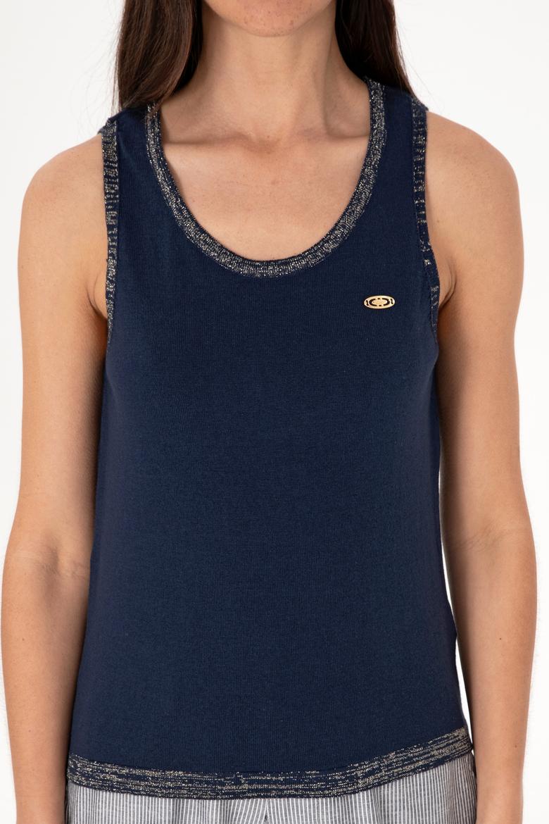 Kadın Lacivert Bisiklet Yaka Triko Tişört - 50306480011