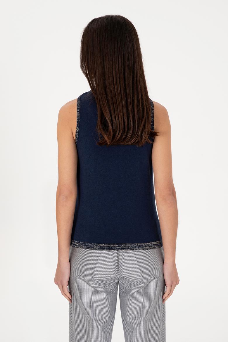 Kadın Lacivert Bisiklet Yaka Triko Tişört - 50306480011