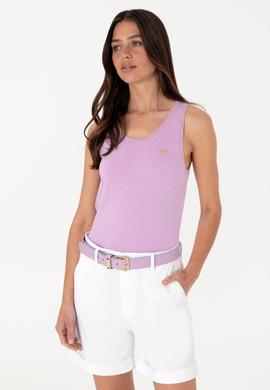 Kadın Lila Bisiklet Yaka Triko Tişört - 50306480005