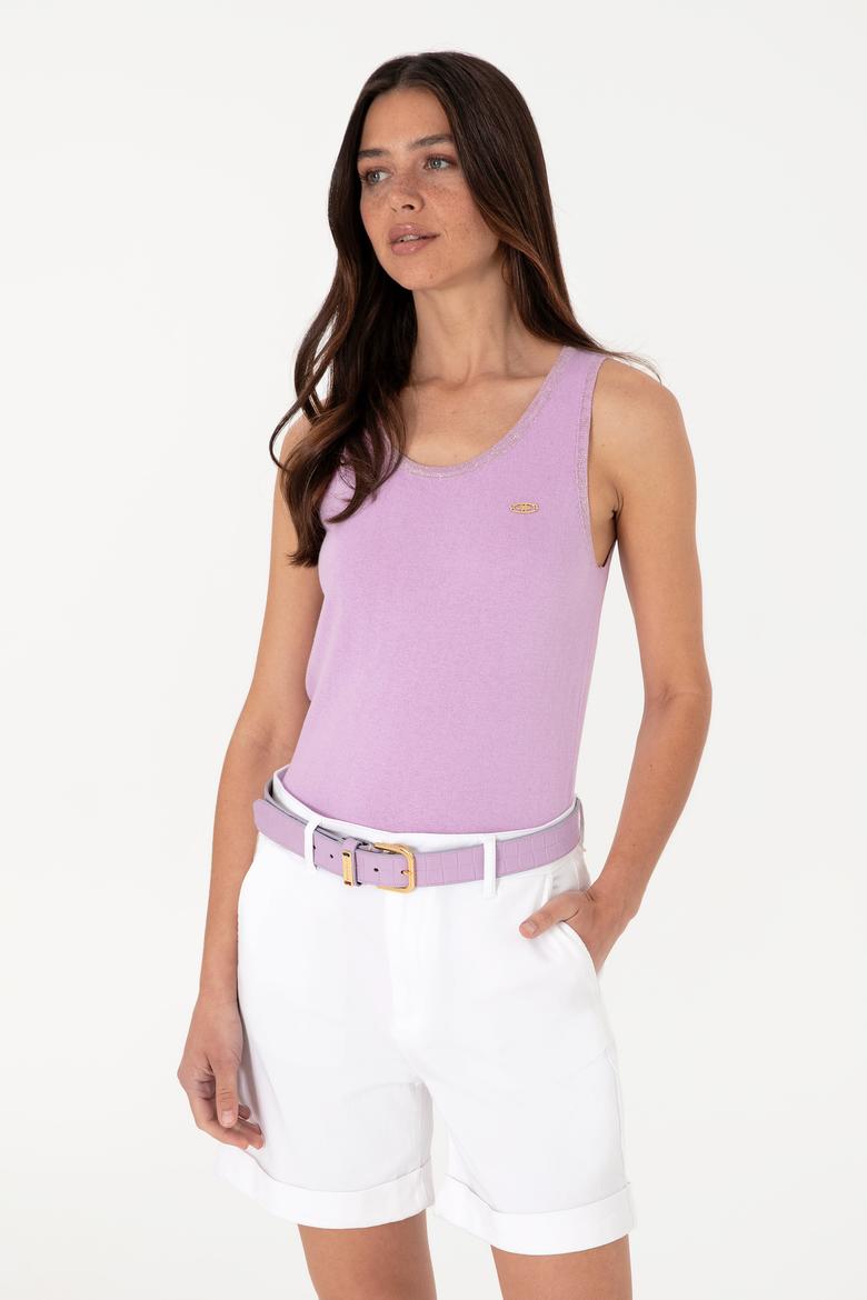 Kadın Lila Bisiklet Yaka Triko Tişört - 50306480005