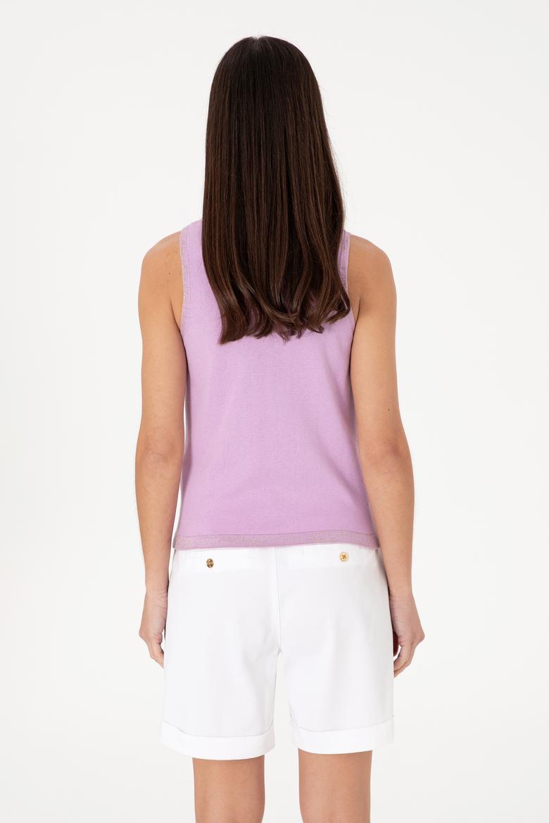 Kadın Lila Bisiklet Yaka Triko Tişört - 50306480005