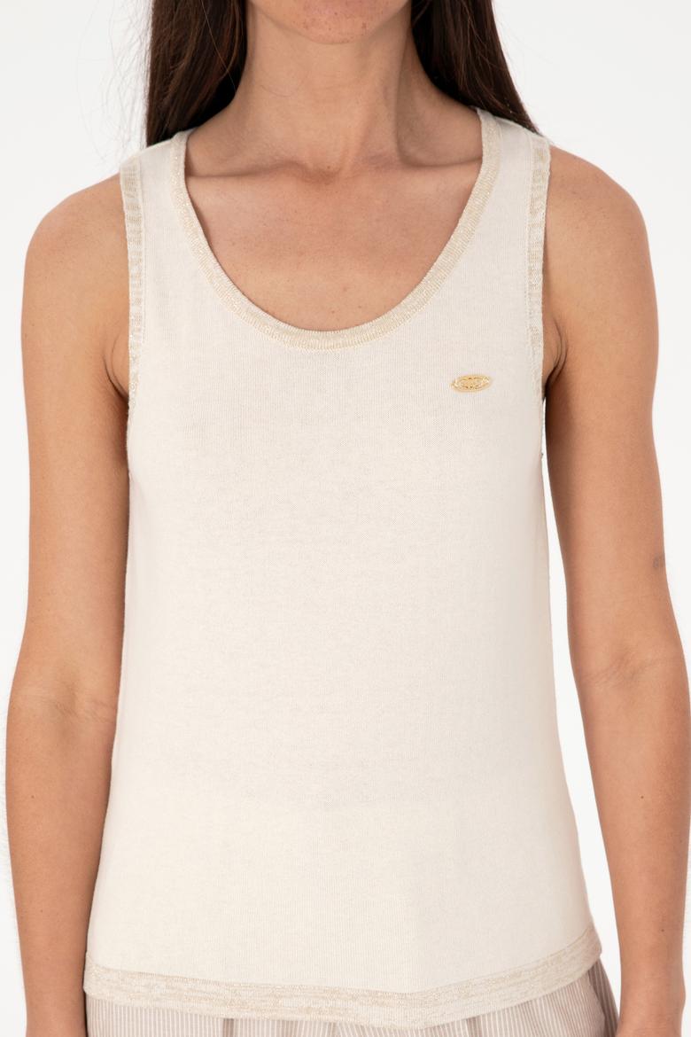 Kadın Krem Bisiklet Yaka Triko Tişört - 50306480019