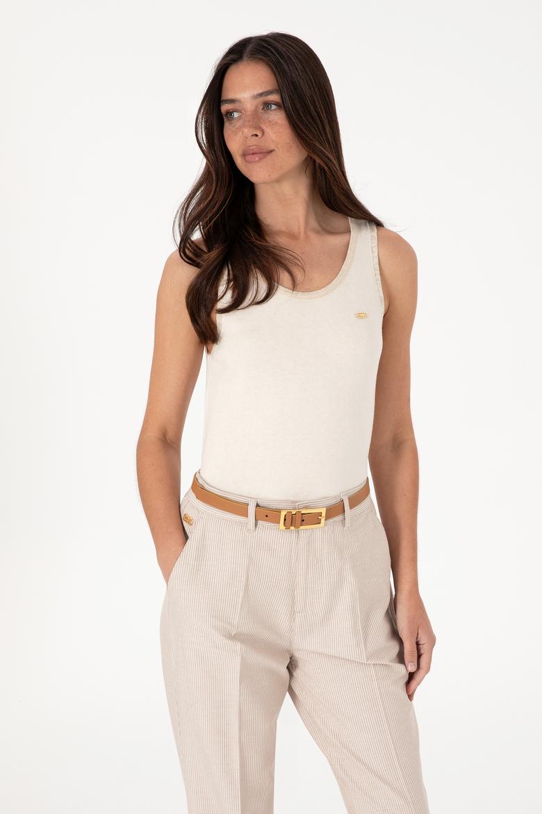 Kadın Krem Bisiklet Yaka Triko Tişört - 50306480019