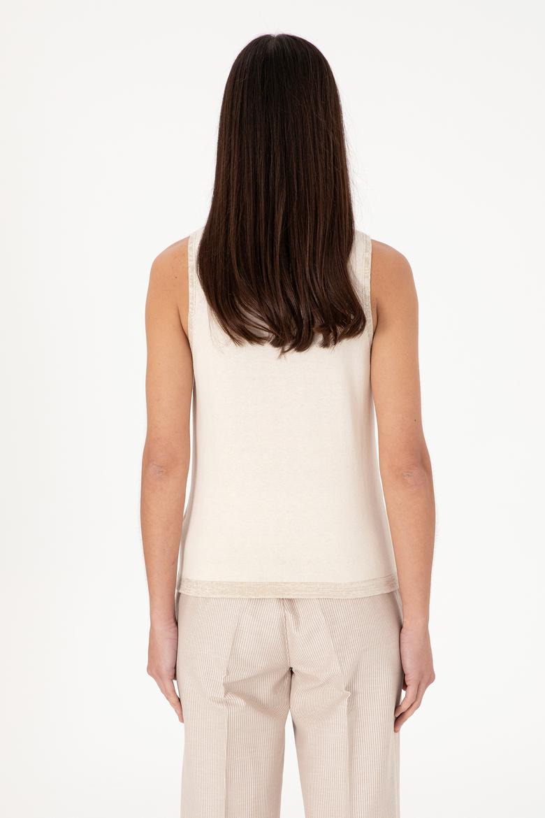 Kadın Krem Bisiklet Yaka Triko Tişört - 50306480019