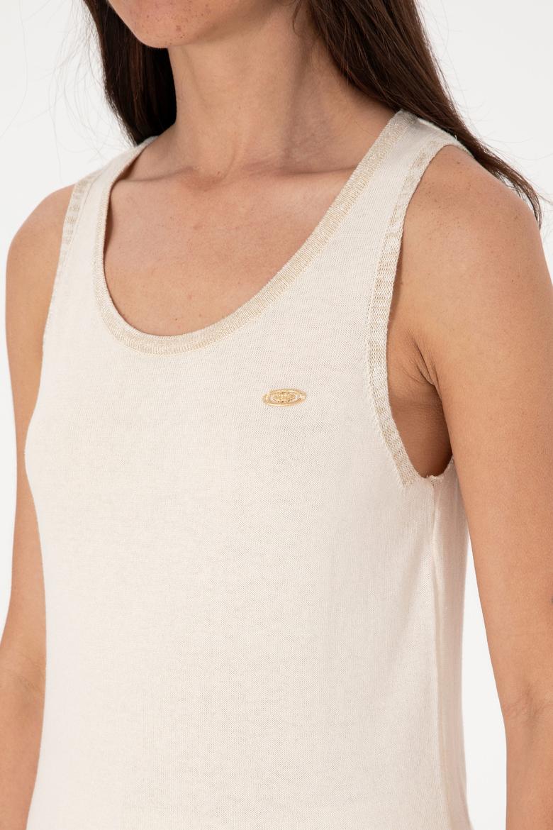 Kadın Krem Bisiklet Yaka Triko Tişört - 50306480019