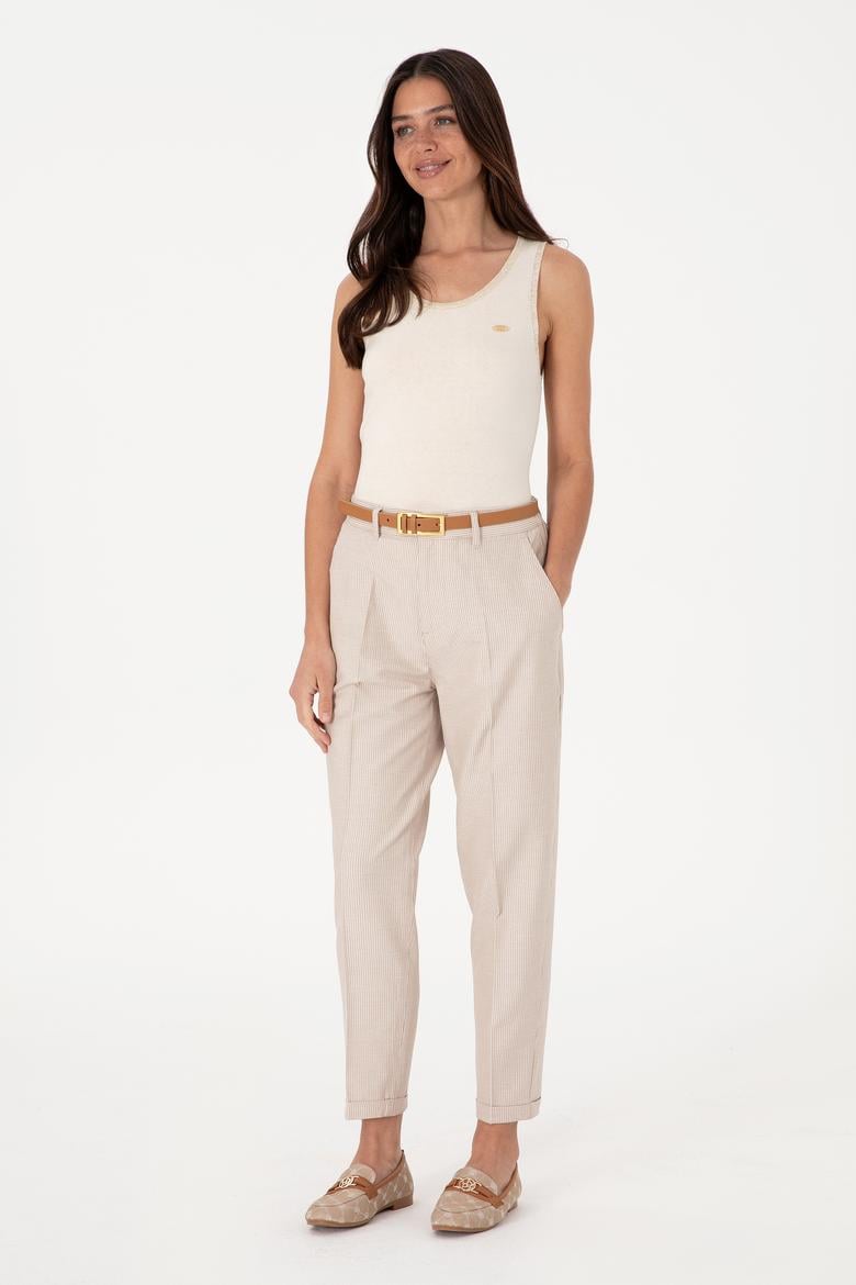 Kadın Krem Bisiklet Yaka Triko Tişört - 50306480019