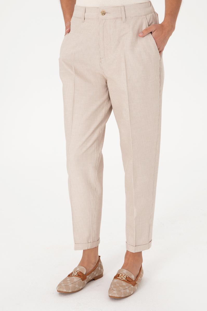 Kadın Kum Çizgili Keten Karışımlı Carrot Fit Kanvas Pantolon