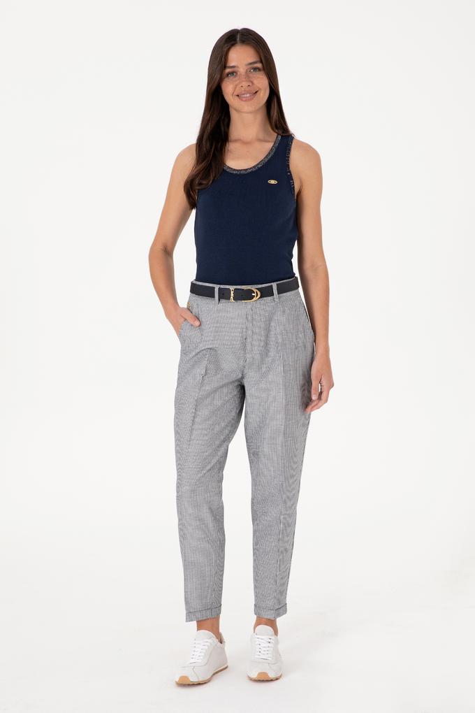 Kadın Lacivert Çizgili Keten Karışımlı Carrot Fit Kanvas Pantolon