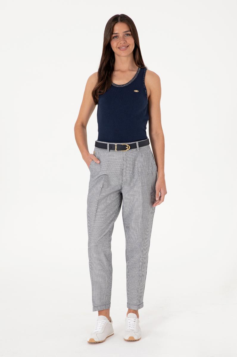 Kadın Lacivert Çizgili Keten Karışımlı Carrot Fit Kanvas Pantolon