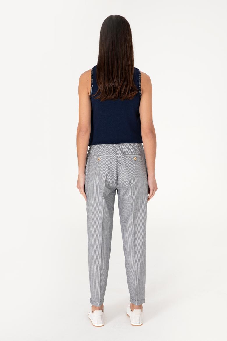 Kadın Lacivert Çizgili Keten Karışımlı Carrot Fit Kanvas Pantolon - 50309090007
