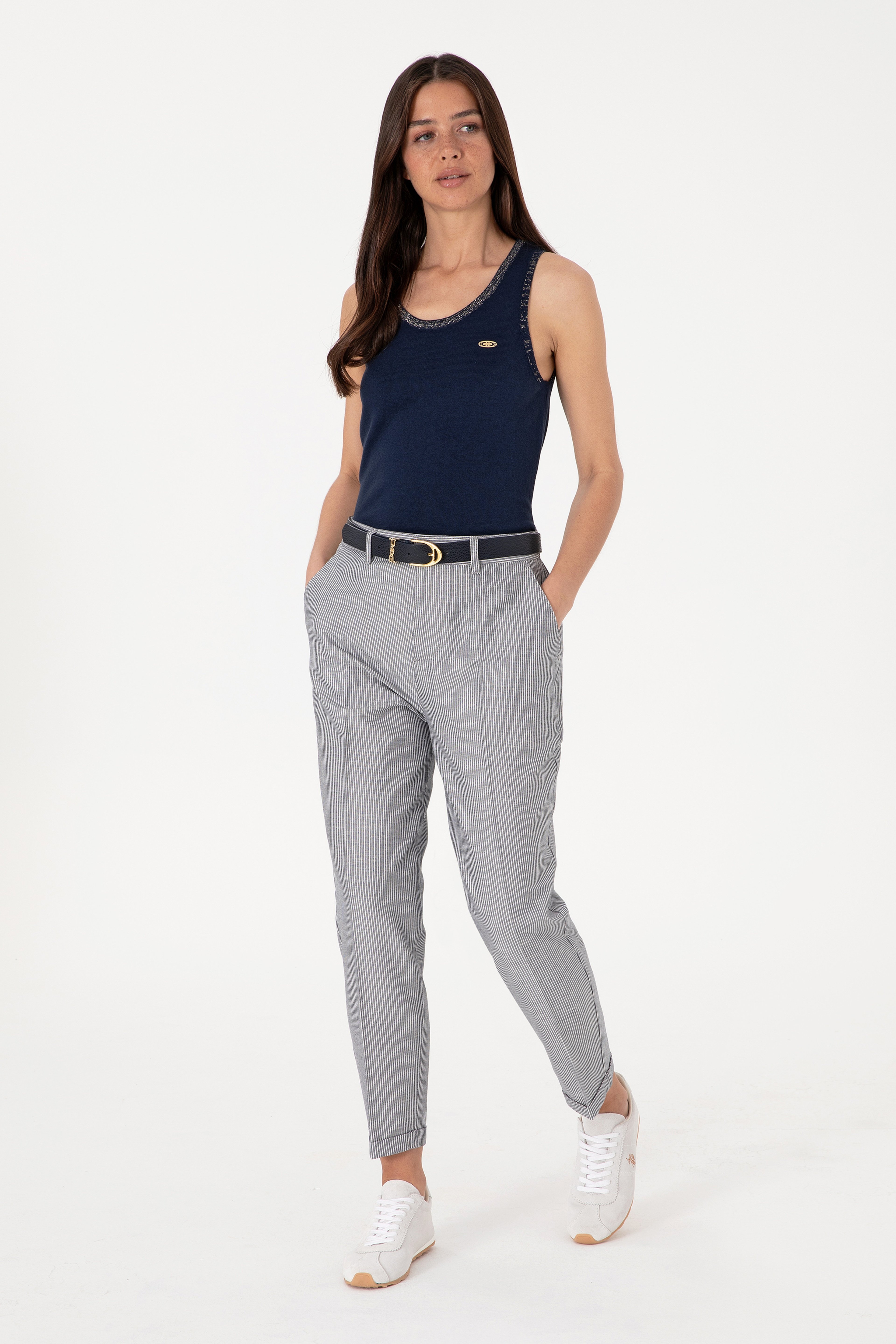 Kadın Lacivert Çizgili Keten Karışımlı Carrot Fit Kanvas Pantolon
