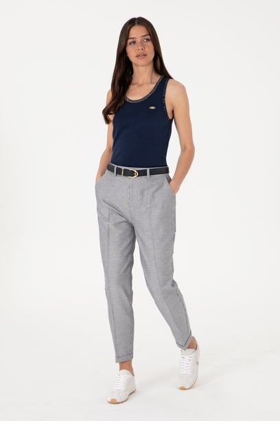 Kadın Lacivert Çizgili Keten Karışımlı Carrot Fit Kanvas Pantolon