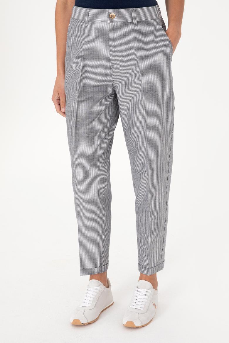 Kadın Lacivert Çizgili Keten Karışımlı Carrot Fit Kanvas Pantolon - 50309090007