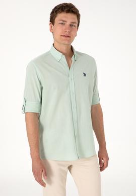 Erkek Su Yeşili Keten Görünümlü Basic Gömlek - 50306285104