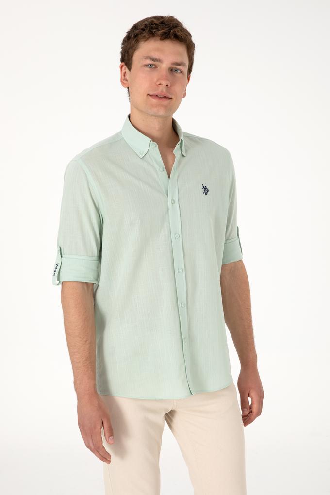 Erkek Su Yeşili Keten Görünümlü Basic Gömlek