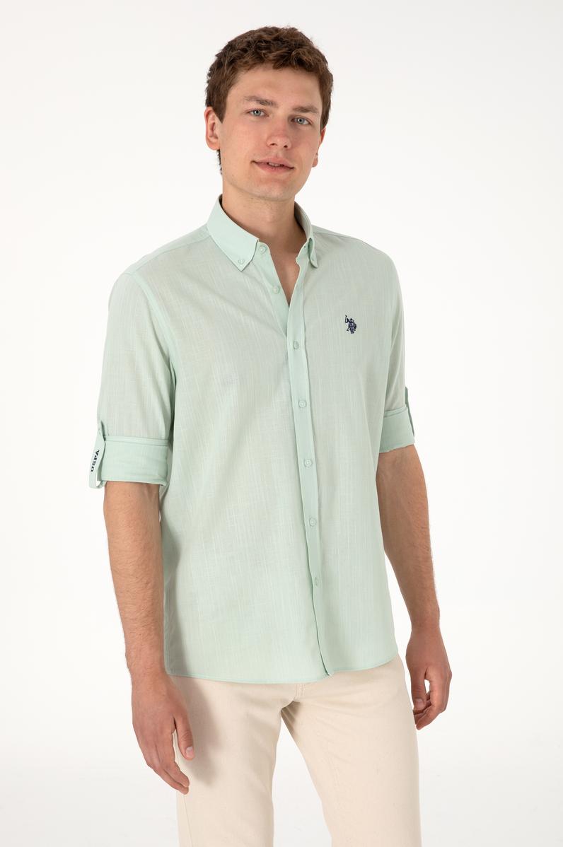 Erkek Su Yeşili Keten Görünümlü Basic Gömlek
