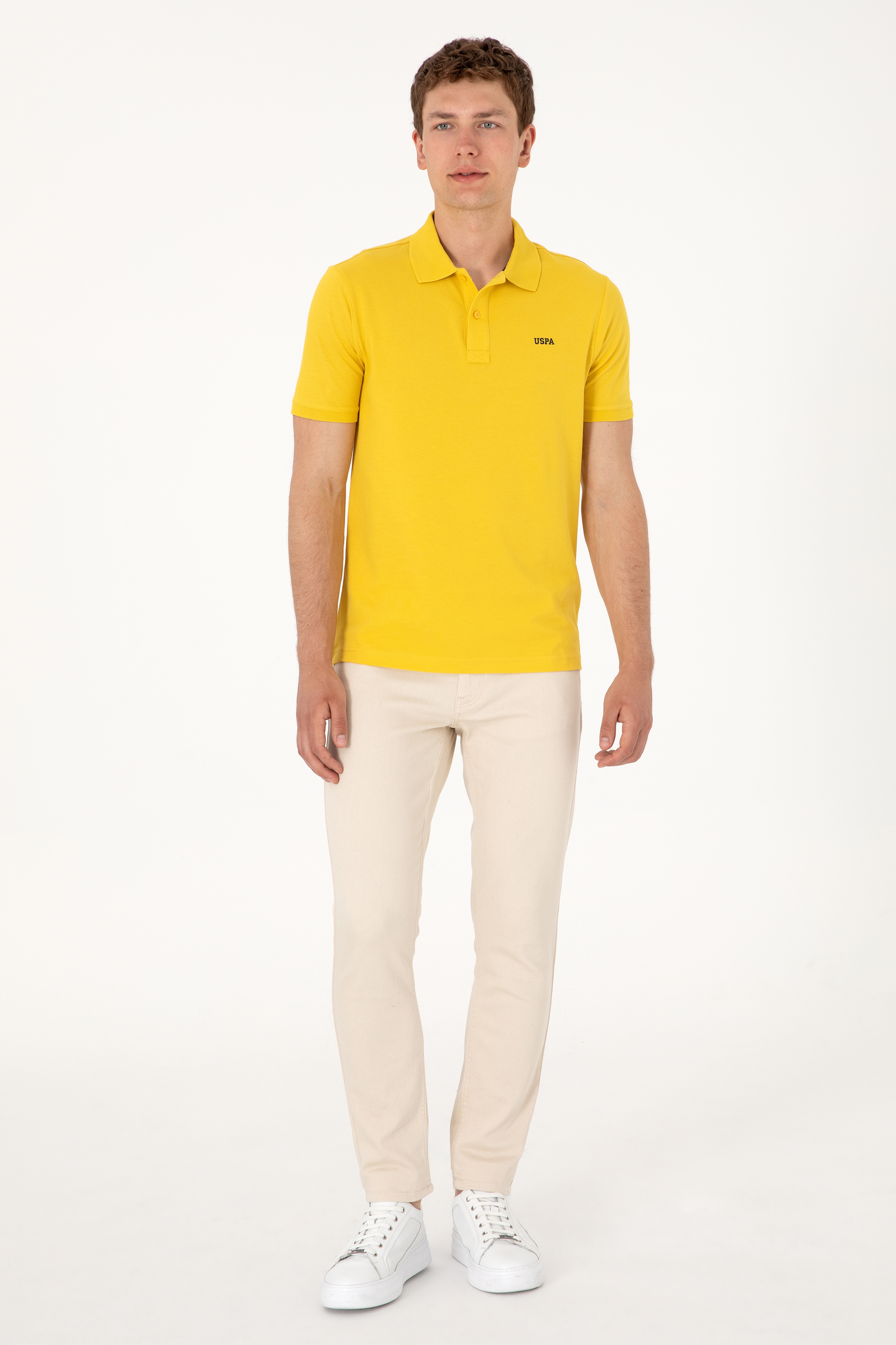 Erkek Regular Fit Polo Yaka Sarı Basic Tişört - Image 6