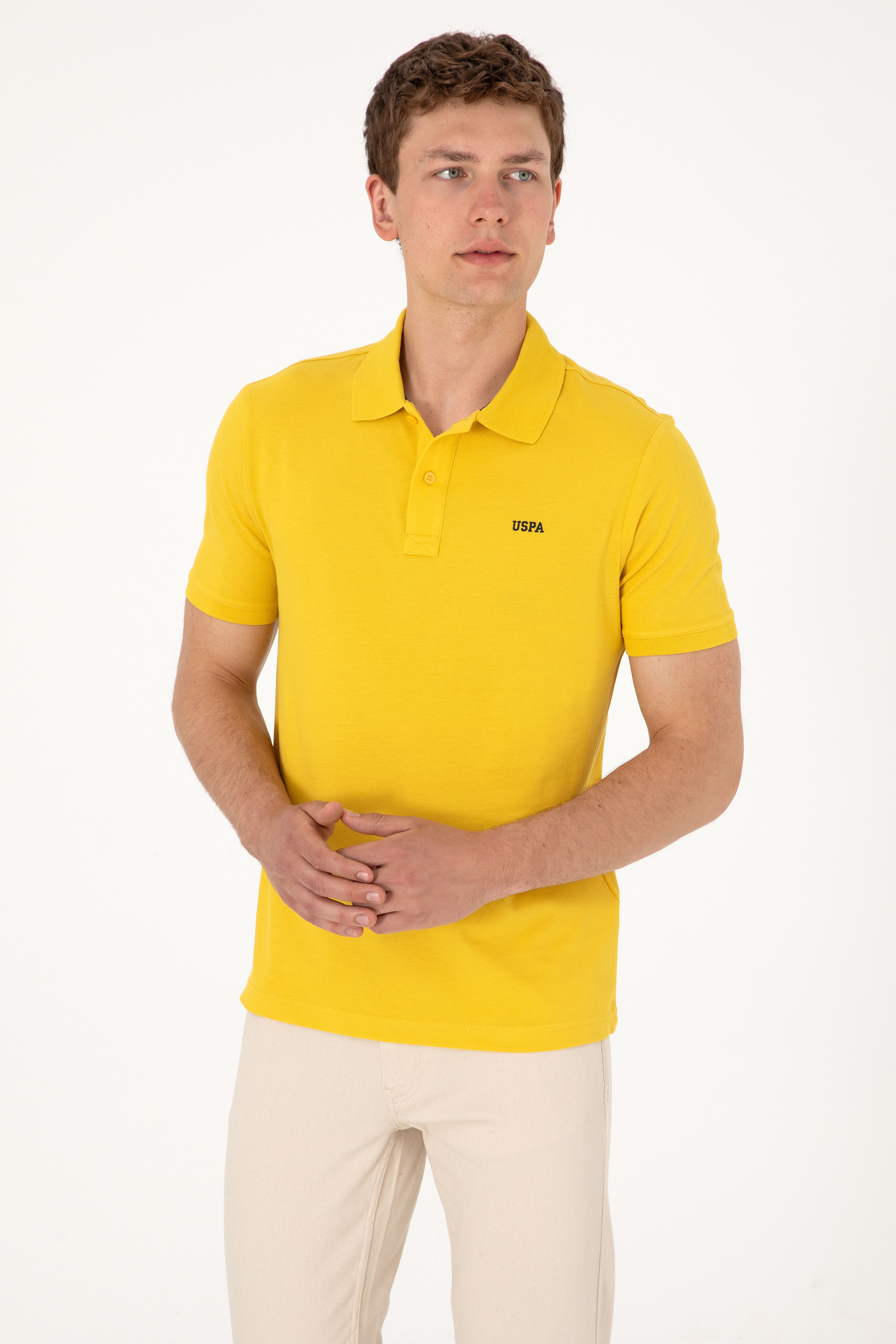 Erkek Regular Fit Polo Yaka Sarı Basic Tişört