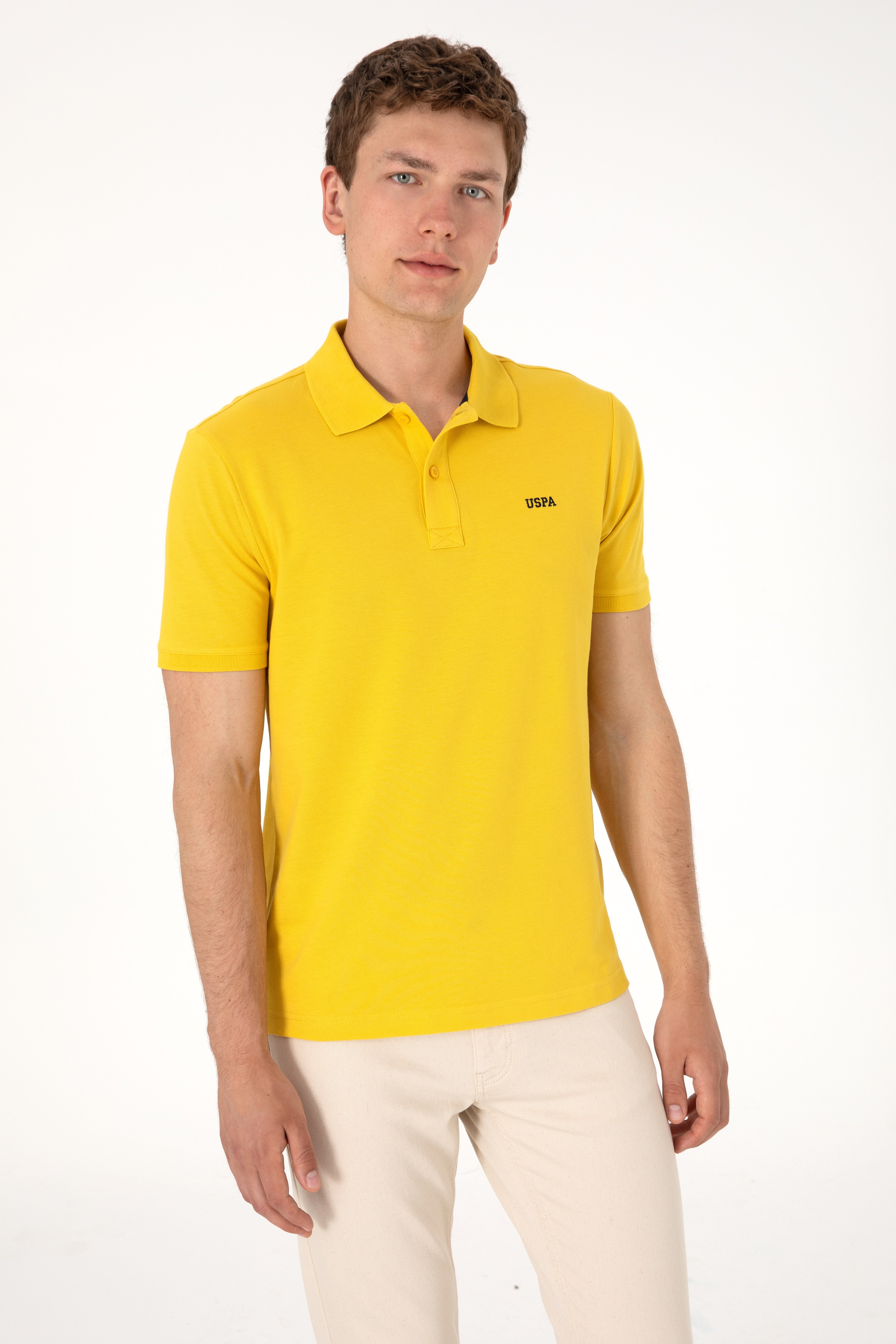Erkek Regular Fit Polo Yaka Sarı Basic Tişört - Image 1