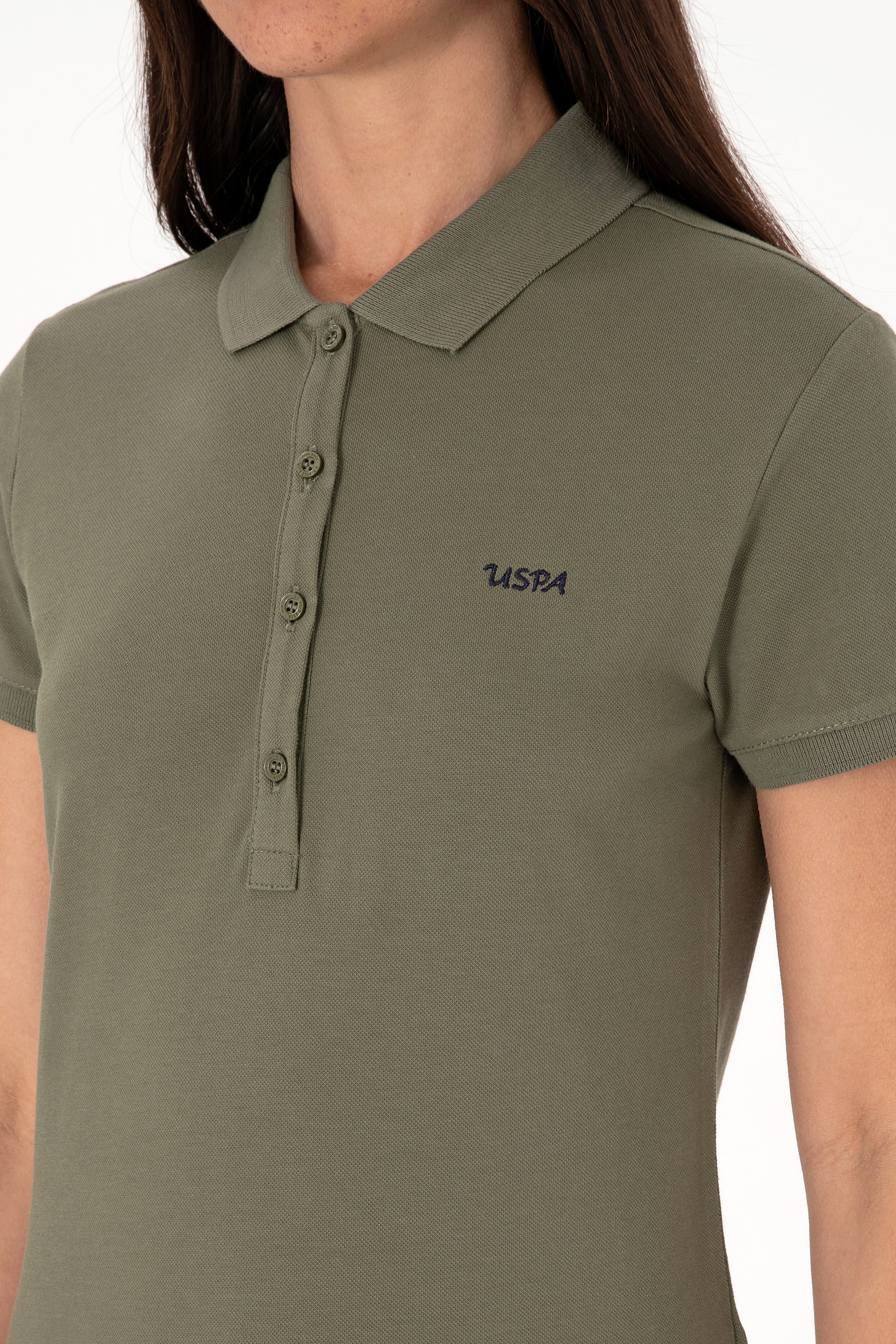 Kadın Koyu Haki Basic Polo Yaka Tişört - Image 7