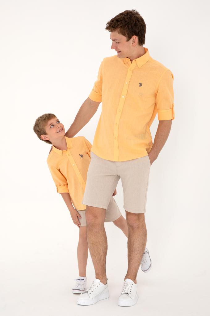 Erkek Turuncu Keten Görünümlü Basic Gömlek