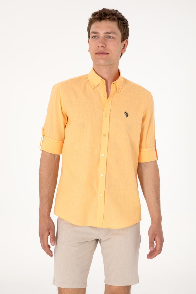 Erkek Turuncu Keten Görünümlü Basic Gömlek