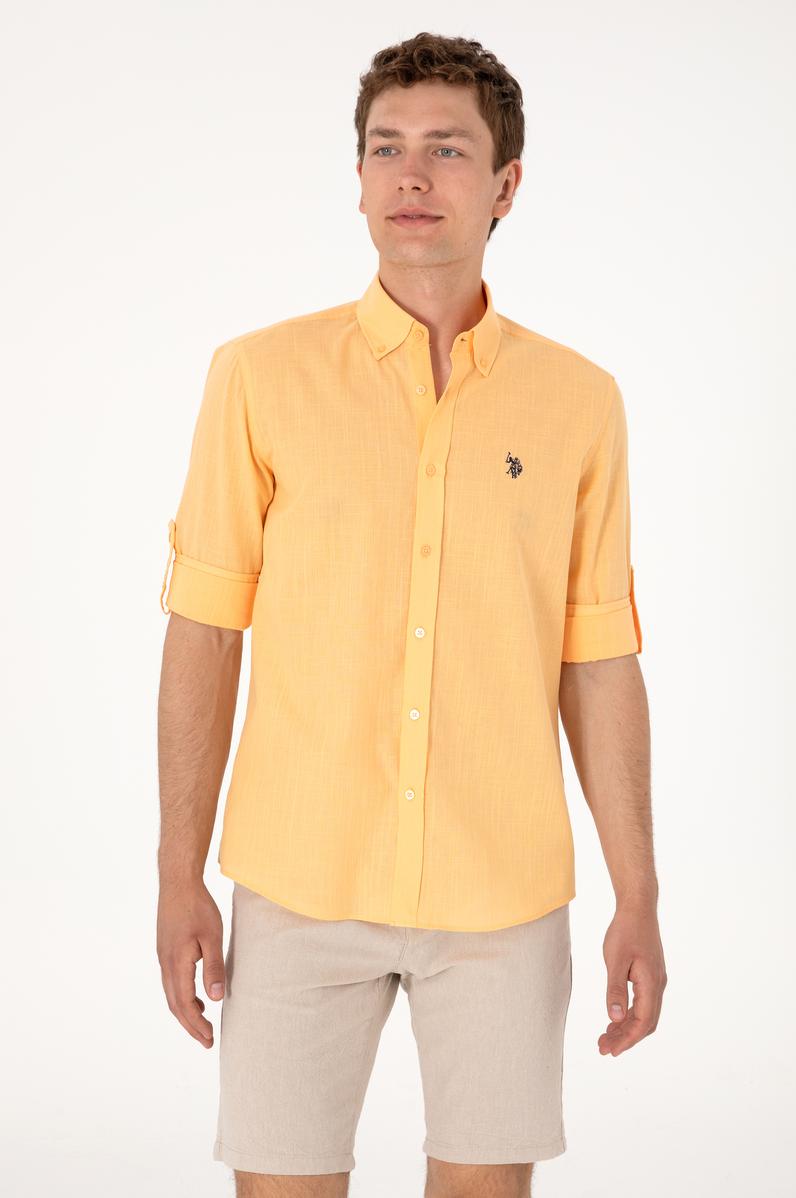 Erkek Turuncu Keten Görünümlü Basic Gömlek