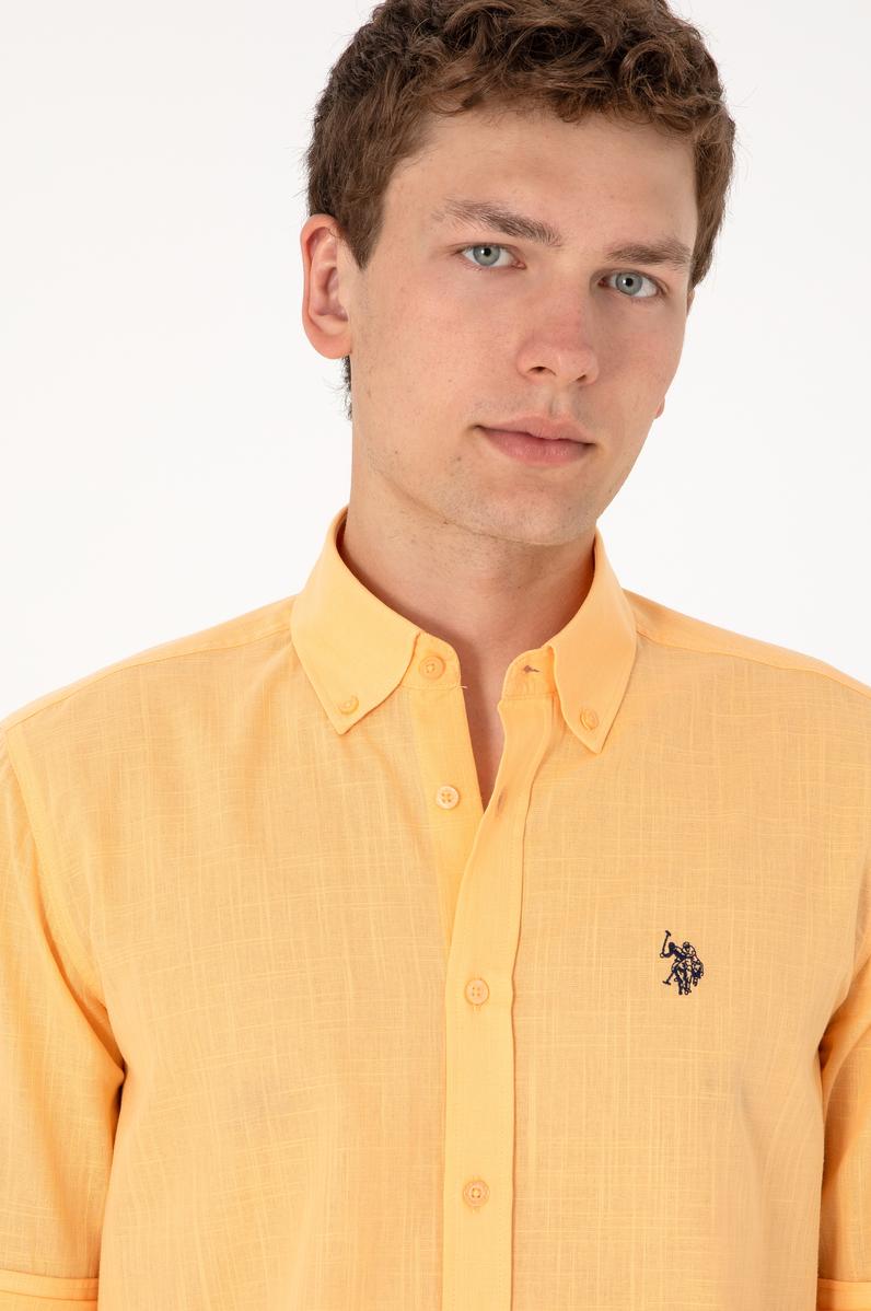 Erkek Turuncu Keten Görünümlü Basic Gömlek