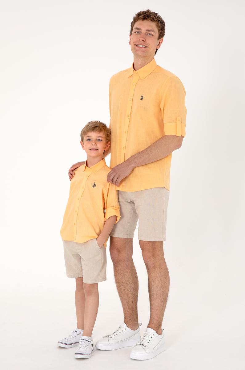 Erkek Turuncu Keten Görünümlü Basic Gömlek