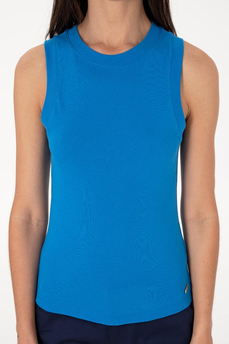 Kadın Kobalt Mavi Kolsuz Bisiklet Yaka Basic Tişört - 50305841071