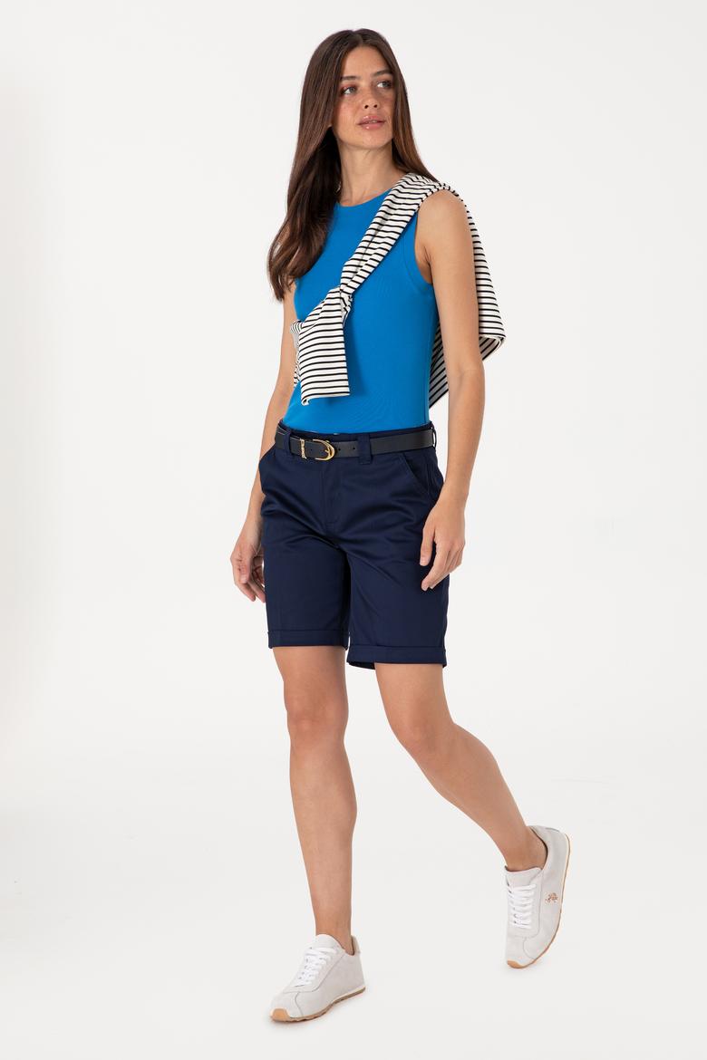 Kadın Kobalt Mavi Kolsuz Bisiklet Yaka Basic Tişört - 50305841071