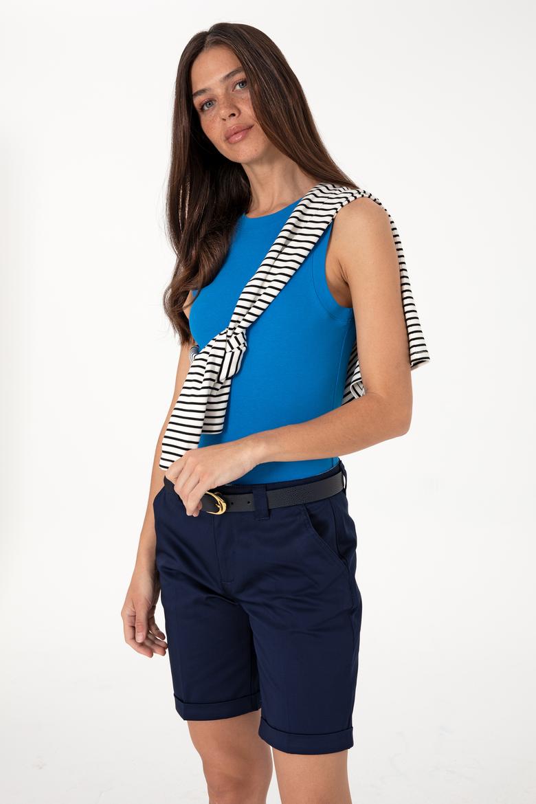 Kadın Kobalt Mavi Kolsuz Bisiklet Yaka Basic Tişört - 50305841071