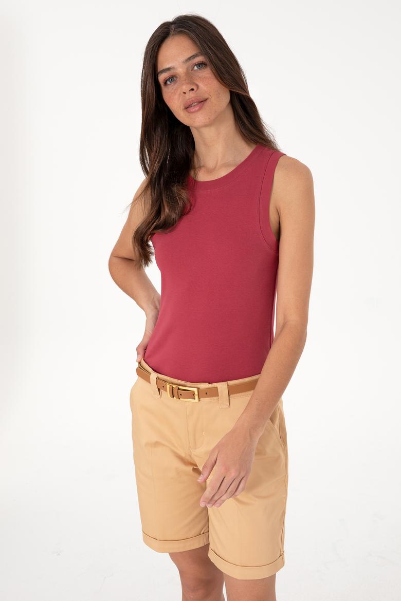 Kadın Vişne Kolsuz Bisiklet Yaka Basic Tişört - 50305841063