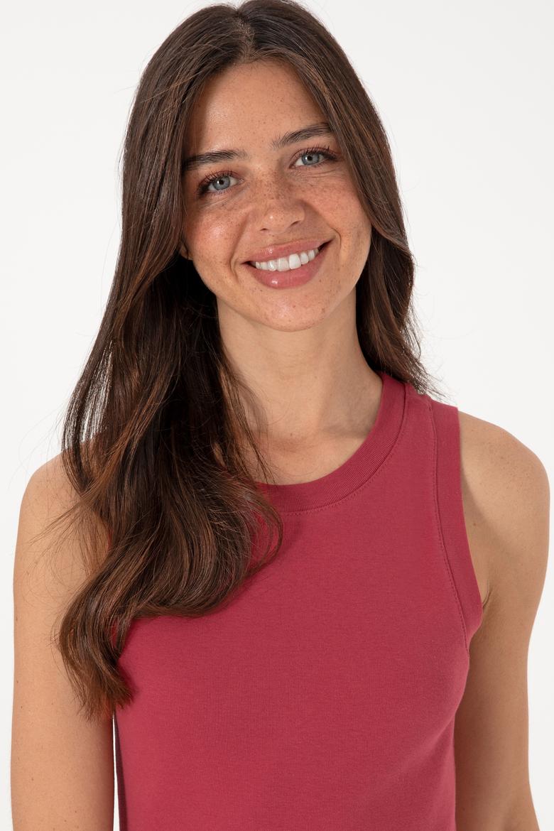 Kadın Vişne Kolsuz Bisiklet Yaka Basic Tişört - 50305841063