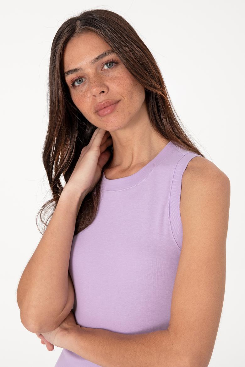 Kadın Lila Kolsuz Bisiklet Yaka Basic Tişört - 50305841134