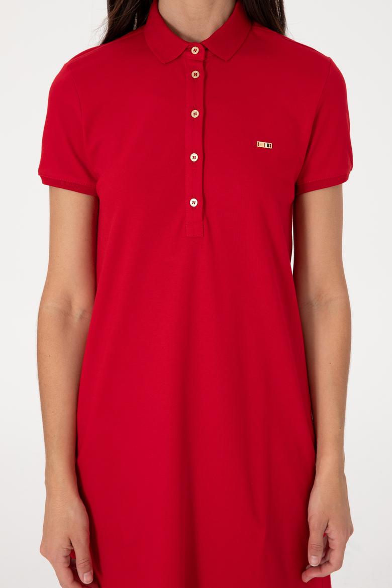 Kadın Kırmızı Polo Yaka Mini Boy Örme Elbise - 50305853009