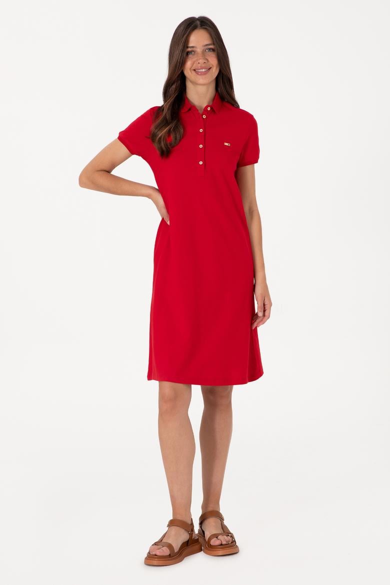 Kadın Kırmızı Polo Yaka Mini Boy Örme Elbise