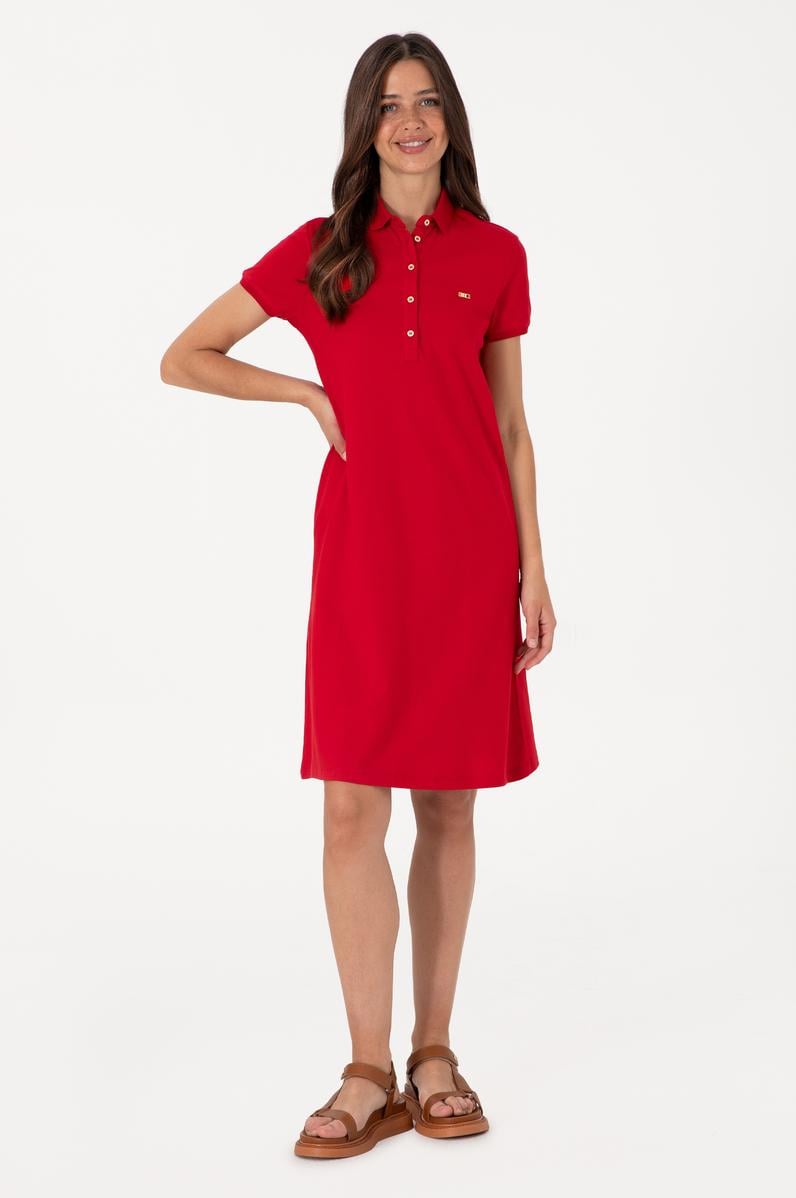 Kadın Kırmızı Polo Yaka Mini Boy Örme Elbise