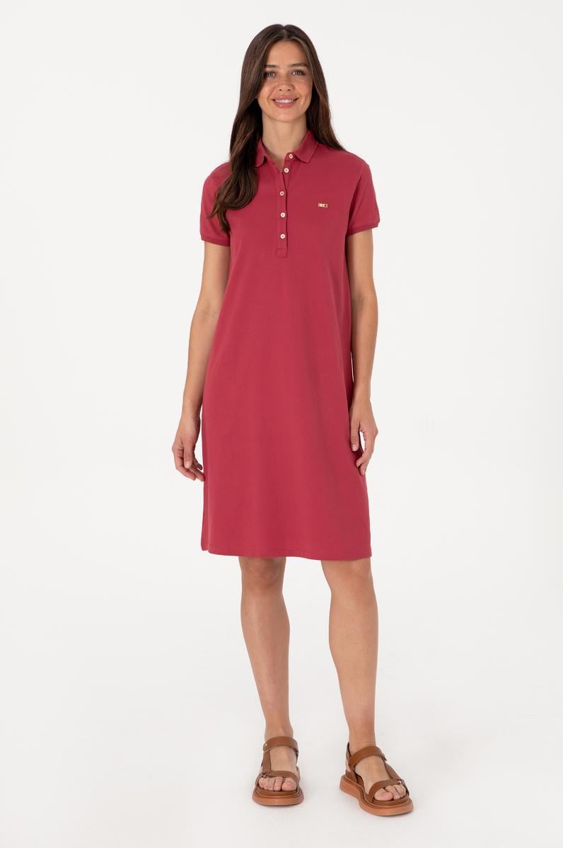 Kadın Vişne Polo Yaka Mini Boy Örme Elbise