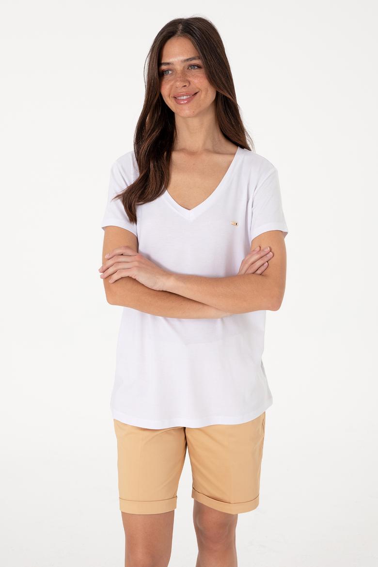 Kadın Beyaz Modal Karışımlı V Yaka Basic Tişört - 50305773003