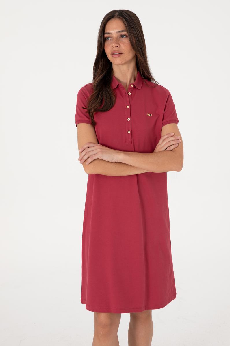 Kadın Vişne Polo Yaka Mini Boy Örme Elbise