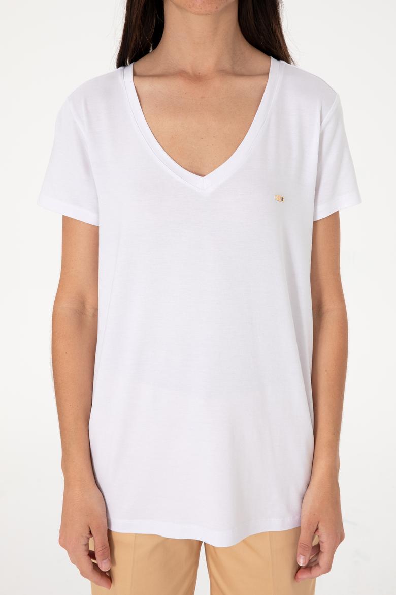 Kadın Beyaz Modal Karışımlı V Yaka Basic Tişört - 50305773003