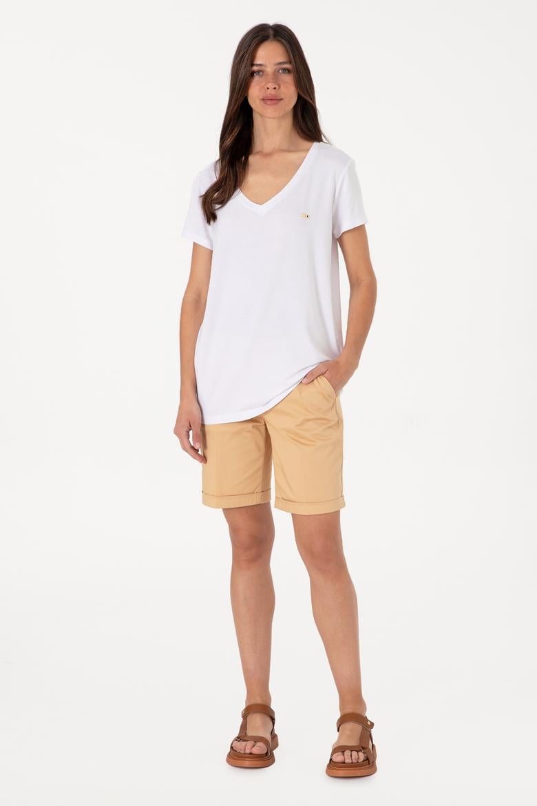 Kadın Beyaz Modal Karışımlı V Yaka Basic Tişört - 50305773003