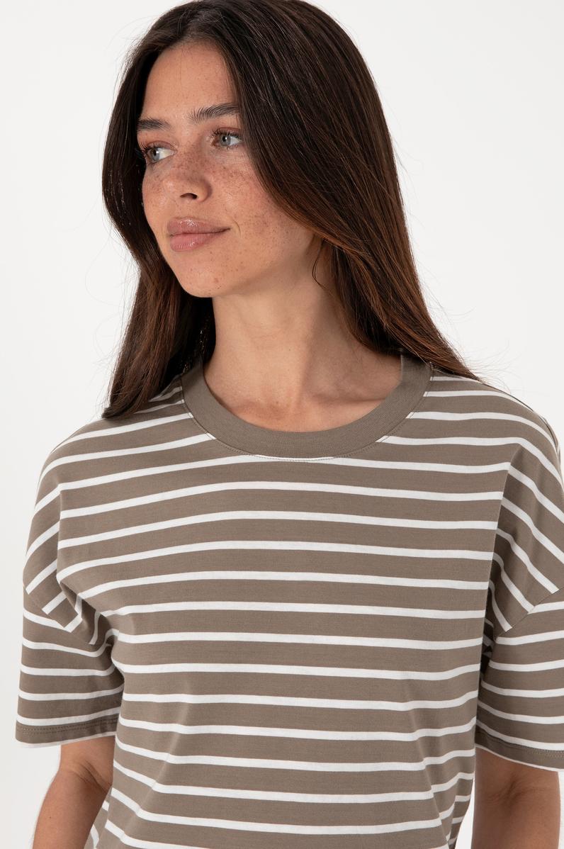Kadın Vizon Çizgili Bisiklet Yaka Tişört