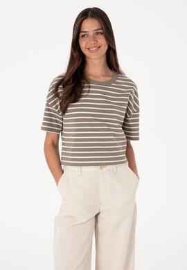 Kadın Vizon Çizgili Bisiklet Yaka Tişört - 50305911047