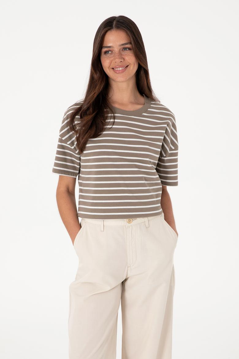 Kadın Vizon Çizgili Bisiklet Yaka Tişört